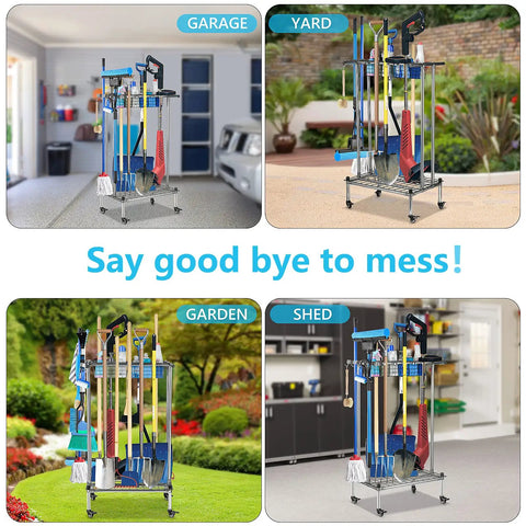 Stainless Steel Garden Tool Organizer Tower Rack With Wheels For Garage Shed And Yard Floor Standing Storage For Long Handle Tools And Small Tools Heavy Duty Steel