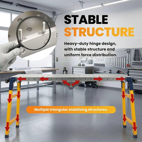 Close-up of the heavy-duty hinge design on the 1200 Lbs Heavy Duty Folding Welding Table With Adjustable Height Solid Alloy Steel Workbench.
