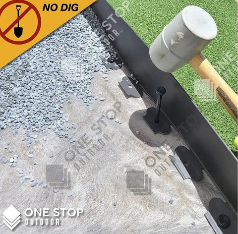 Extra Tall 4.75 Inch Black No Dig Yard Edging Kit For Landscaping And Flower Gardens 20 Ft Long Includes 18 Edging Stakes Easy Install Creates Clean Tree Rings And Pathways being installed with mallet and stakes