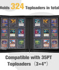 Top Loader Binder For Trading Cards And Sports Cards, Holds 324 Toploaders, 9 Pocket Pages, Waterproof PU Leather open view.