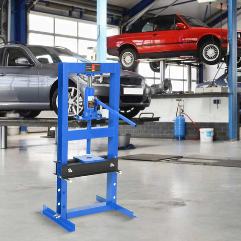 6 Ton Hydraulic Shop Press Heavy Duty H Frame Floor Press With Adjustable Height and Stamping Plates in garage setting.