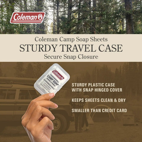 Hand holding sturdy travel case for Trail Ready Camp Soap Sheets for Hiking and Camping, titled 'Sturdy Travel Case'