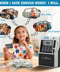 Child smiling with Rechargeable Kids ATM Bank With Real Money Safe Debit Card Access Coin Recognition Bill Feeder Balance Calculator Power Off Memory Keeps Data Kid Friendly ATM Machine For Boys And Girls, planning purchases.