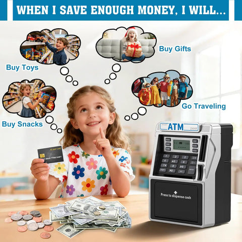 Child smiling with Rechargeable Kids ATM Bank With Real Money Safe Debit Card Access Coin Recognition Bill Feeder Balance Calculator Power Off Memory Keeps Data Kid Friendly ATM Machine For Boys And Girls, planning purchases.