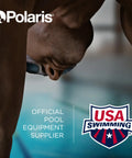 Focused swimmer with goggles preparing to dive, Polaris and USA Swimming logos displayed, promoting official equipment partnership.
