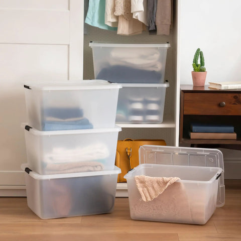 Six Pack Translucent Storage Bins With Heavy Duty Latching Lids That Stack Up Tight For Closets Offices And Craft Rooms Keep Your Stuff Legit Organized