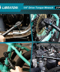 Bike Torque Wrench One Quarter Inch Drive Five To Twenty Five Newton Meters Micro Click Set in use on bike and engine