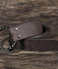 Coiled brown leather belt with textured buckle, part of Adjustable Medieval Sword Belt Frog For Right Hand set.