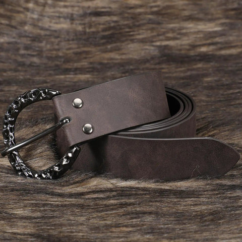 Coiled brown leather belt with textured buckle, part of Adjustable Medieval Sword Belt Frog For Right Hand set.