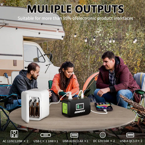Portable Power Station 120W Peak 220W 88Wh solar generator on outdoor table next to people camping with tent.