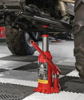 Horizontal And Vertical 6 Ton Hydraulic Bottle Jack For Cars Dual Purpose Welded Car Jack With 12000 Lbs Lift Capacity red finish in use under vehicle