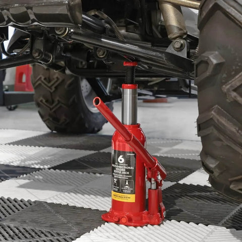 Horizontal And Vertical 6 Ton Hydraulic Bottle Jack For Cars Dual Purpose Welded Car Jack With 12000 Lbs Lift Capacity red finish in use under vehicle