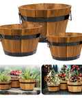 Set Of 3 Wooden Flower Boxes For Outdoors In Durable Acacia Wood Barrel Planters With Ergonomic Handles Drainage Holes And Multiple Sizes Light Brown Wood Bucket Planter Set