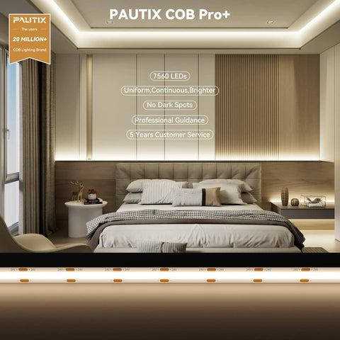 Bedroom with ambient lighting enhanced by 48ft COB LED Strip Lights Crazy Bright 4000K Natural White For Cabinets And Home DIY Lighting 504 LEDs Per Meter Flexible 24V Tape High CRI 90 Smooth Even Glow Includes 2 COB Connectors Power Supply Not Included shown under bed frame.