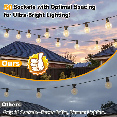 50 socket ULTRA-BRIGHT comparison, day-night glow, G40 LED string lights 100 Foot Outdoor G40 LED Globe String Lights Two Pack Dimmable Waterproof Shatterproof Light Strings With 52 Bulbs Connectable Commercial Hanging Lights For Christmas Patio Backyard Balcony Party Vibe
