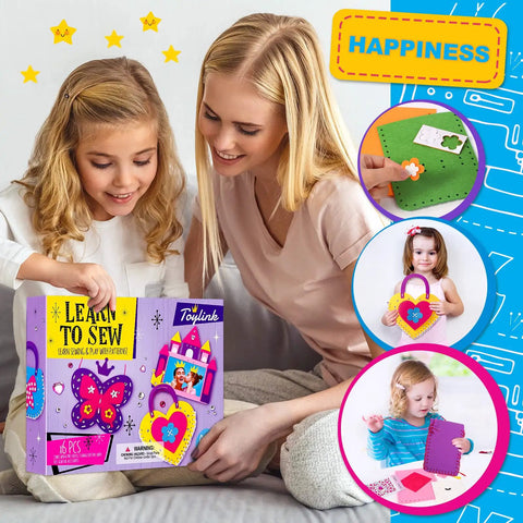 Mother and daughter with kids sewing kit for beginners 6 easy DIY felt crafts for girls aged 4 5 6 7 8 unicorn purse and more