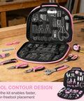Open pink tool kit with pliers, wrench, and screwdrivers, displaying 208-pieces, designed for women, on a wooden bench.