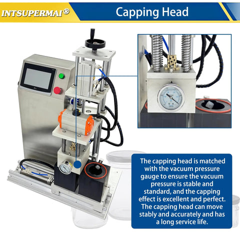 Kick Up Your Sauce Game With This Reliable Dual Head Vacuum Jar Sealer Featuring Quick Touch Controls And Smooth Height Adjustments For Zero Hassle Canning And Lasting Fruit Storage 110V showing vacuum capping head with pressure gauge.