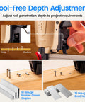 Close-up of 18 Gauge 2 in 1 Pneumatic Nail Gun with tool-free depth adjustment and samples of brad nails and narrow crown staples