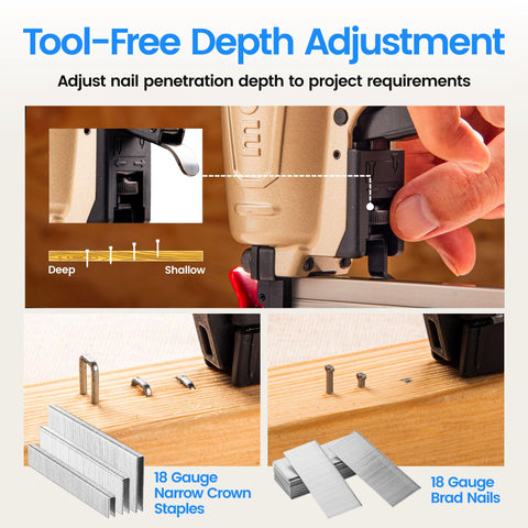 Close-up of 18 Gauge 2 in 1 Pneumatic Nail Gun with tool-free depth adjustment and samples of brad nails and narrow crown staples
