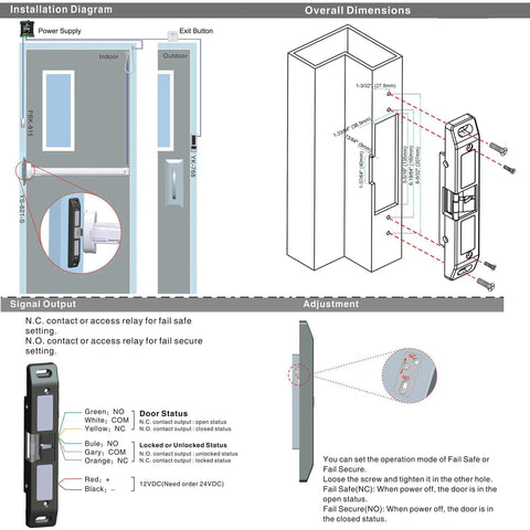 Electric Strike Lock 12V DC diagram with installation, dimensions, and adjustment details for access control doors.