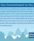 Blue graphic with text about Filter Bros' commitment to air quality and healthy home environments.