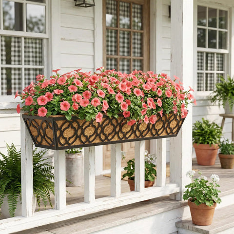 Adjustable Railing Planter Boxes Set, 4 Pack Of 30 Inch And 2 Pack Of 24 Inch, Hanging Balcony Planter with pink flowers on railing.