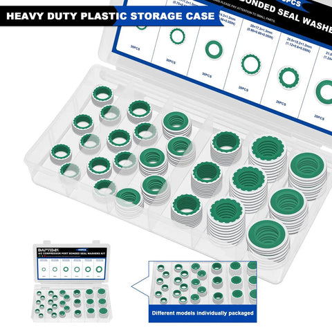 165 Piece AC Seal Washer Kit For Automotive Compressors Six Size Set Green Universal Gasket Washers in storage case