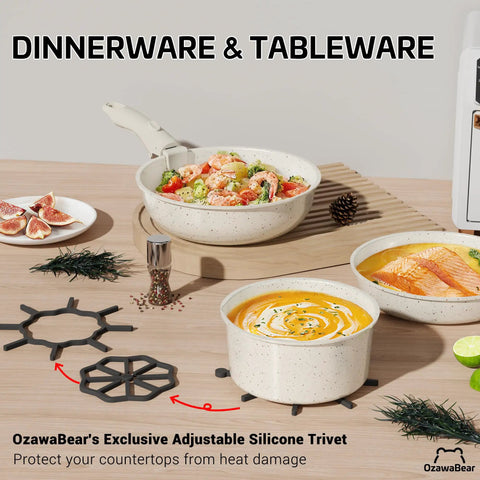 Cream ceramic bowls on table from 23 Piece Nonstick Ceramic Cookware Set With Detachable Handles Induction Compatible And Oven Safe