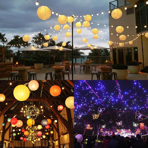 Decorative lights and lanterns strung outdoors and indoors showcasing Heavy Duty Stainless Steel Picture Hanging Wire 1.5mm Diameter 100 Feet Long Includes 40 Aluminum Crimping Sleeves Safe Reliable Hanger for Framed Art Photos and String Lights Display.
