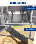 Mobile Chicken Coop With Run And Wheels showing slide out tray and non-slip ramp, easy access for chickens
