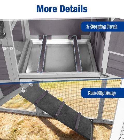 Mobile Chicken Coop With Run And Wheels showing slide out tray and non-slip ramp, easy access for chickens