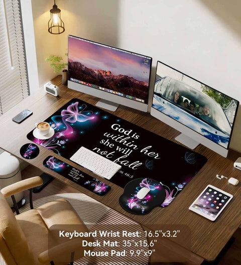 4 In 1 Desk Mat Set With Keyboard And Mouse Pad And Wrist Rest Large Computer Desk Pad For Home Office Purple Butterflies Design