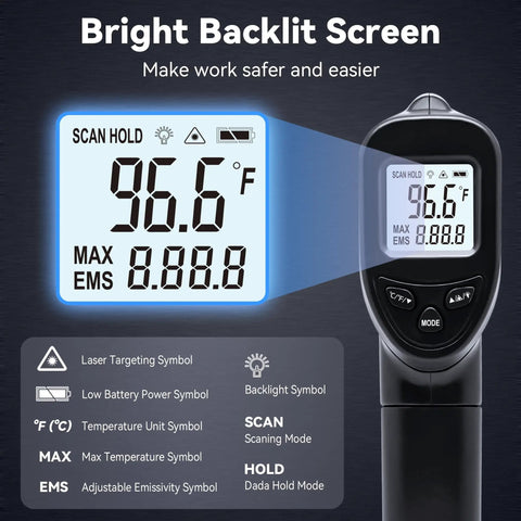Non-Contact Infrared Thermometer Gun With Backlit Display, Instant Read From -50C To 550C, 12 To 1 Distance Spot Ratio, Adjustable Emissivity, Go-To Handheld Laser IR Thermometer For Home, Kitchen, Automotive, Black with backlit LCD