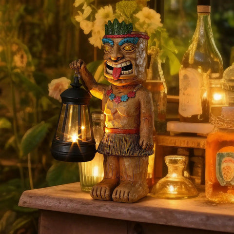 Solar Tiki Statue With Lantern For Outdoor Decor 9.84 Inch Tall Hand Painted Resin Tiki Figurine For Garden Lawn Yard Or Poolside