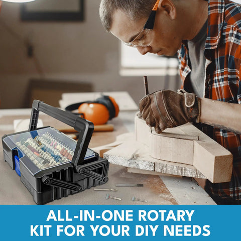 500 Piece Rotary Tool Accessories Kit With Cantilever Organizer Case for DIY projects shown with woodwork setup
