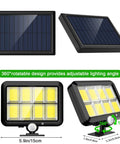 Solar Motion Sensor Outdoor Light Ultra Bright 320 COB LEDs 16.4 Ft Cable 3 Modes Adjustable Solar Panel Wired Solar Powered Security Flood Lights For Wall Yard Garage Garden And Indoor Use 2 Pack showing adjustable panels and dimensions with 360-degree rotation