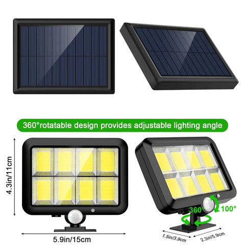 Solar Motion Sensor Outdoor Light Ultra Bright 320 COB LEDs 16.4 Ft Cable 3 Modes Adjustable Solar Panel Wired Solar Powered Security Flood Lights For Wall Yard Garage Garden And Indoor Use 2 Pack showing adjustable panels and dimensions with 360-degree rotation