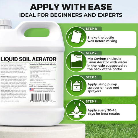 Liquid Lawn Aerator Concentrate For Lawns And Gardens Loosens Clay And Compacted Soil To Boost Water And Nutrient Absorption Promotes Stronger Roots For Healthier Turf 32 Oz Made In USA bottle with application steps.