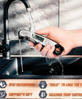 Waterproof Instant-Read Meat Thermometer With Backlight for grilling being washed under a kitchen faucet, IP67 waterproof feature visible.