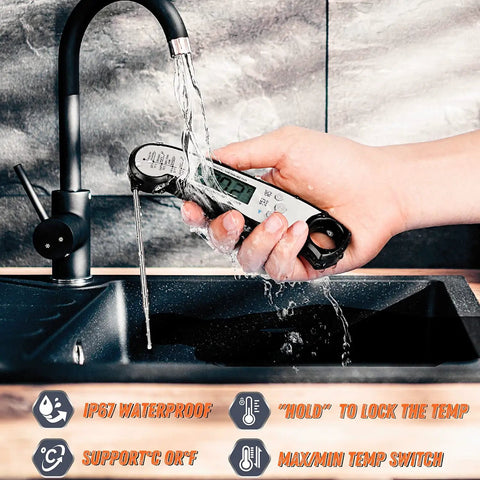 Waterproof Instant-Read Meat Thermometer With Backlight for grilling being washed under a kitchen faucet, IP67 waterproof feature visible.