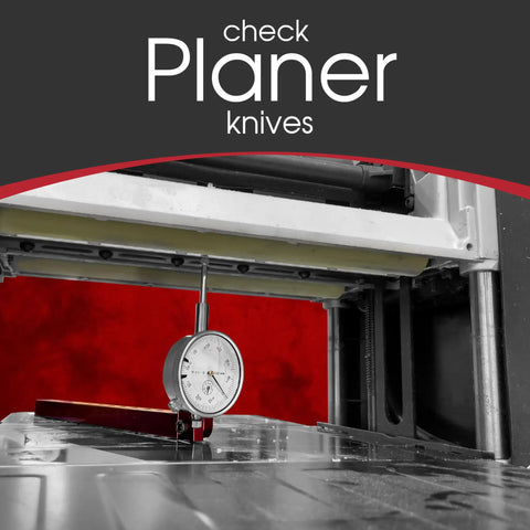 Close-up of A Line It Deluxe Table Saw Alignment Tool With Digital Dial Indicator under a planer for precise alignment checking