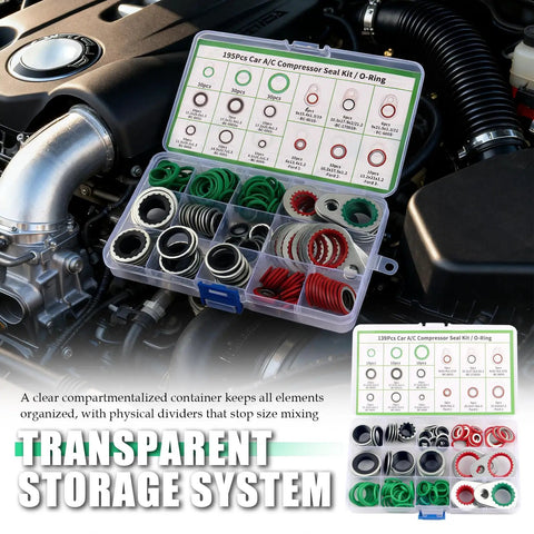139 Piece AC O Ring Kit With 54 Rubber O Ring Assortment And 85 Compressor Gaskets In 12 Sizes For No Fuss DIY Friendly Tight Seal On Car AC Systems Durable Gasket Set For Automotive Service, transparent case open on engine
