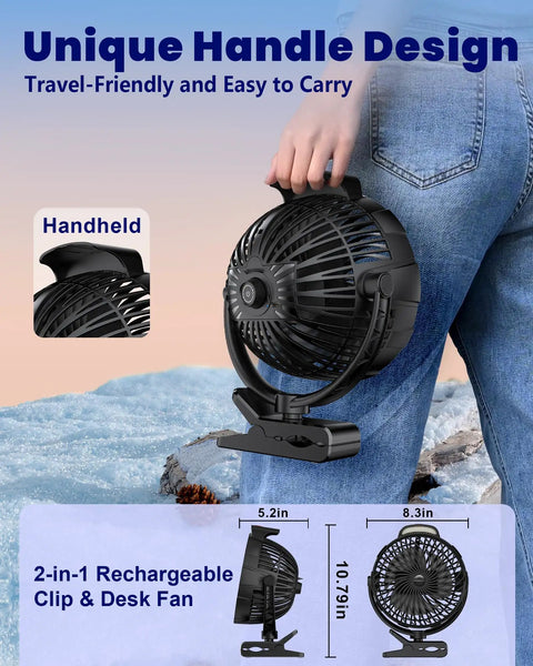 Rechargeable Clip On Fan 10000mAh, 8 Inch Portable Desk And Bedside Fan with handle design shown