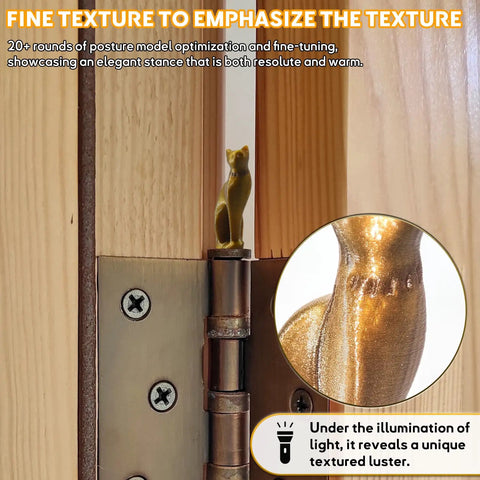 Super Dope 9 Piece Set Of Cool Cat Door Hinge Caps Featuring Snazzy Magnetic Hook And Rustic Bronze Finish To Add Rad Whimsical Vibe To Any Entryway Or Cabinet Hardware Upgrade Today, showcasing textured cat hinge cap on bronze hinge.
