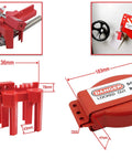 Lockout Tagout Kit With Top Notch Heavy Duty Padlocks Hasps Breakers And Valve LOTO Tools Cable And Plug LOTO 47 Component Toolbox Set For Electric Safety Maintenance And Repair On The Job showing red lockout devices with dimensions.