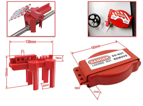 Lockout Tagout Kit With Top Notch Heavy Duty Padlocks Hasps Breakers And Valve LOTO Tools Cable And Plug LOTO 47 Component Toolbox Set For Electric Safety Maintenance And Repair On The Job showing red lockout devices with dimensions.