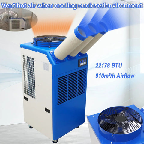 Heavy Duty Portable Spot Cooler With Twenty Two Thousand BTU Industrial Air Conditioner built tough with dual exhausts and airflow control.