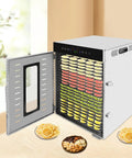 Heavy Duty Food Dehydrator Machine Featuring Rock Solid Stainless Steel Trays Smart Touch Panel And A Reliable 24 Hour Timer with open door and fruits.