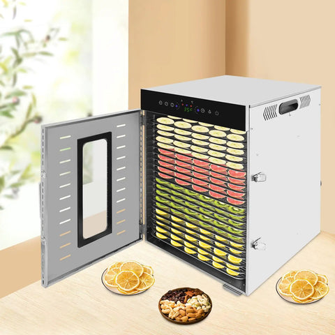 Heavy Duty Food Dehydrator Machine Featuring Rock Solid Stainless Steel Trays Smart Touch Panel And A Reliable 24 Hour Timer with open door and fruits.